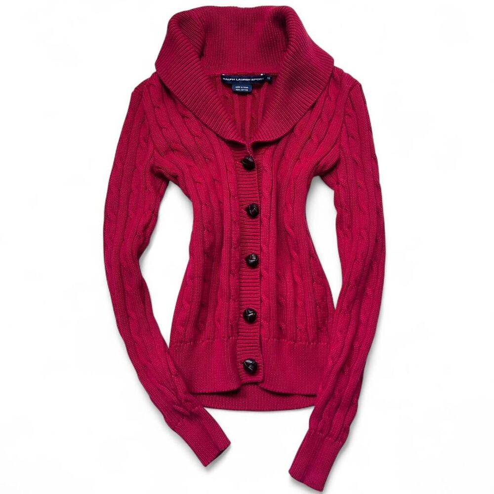Ralph Lauren Sport 90s Vintage Red Cotton Cable Knit Shawl Cardigan Sweater XS
